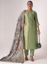 Tussar Silk Green Festival Wear Embroidery Work Straight Suit